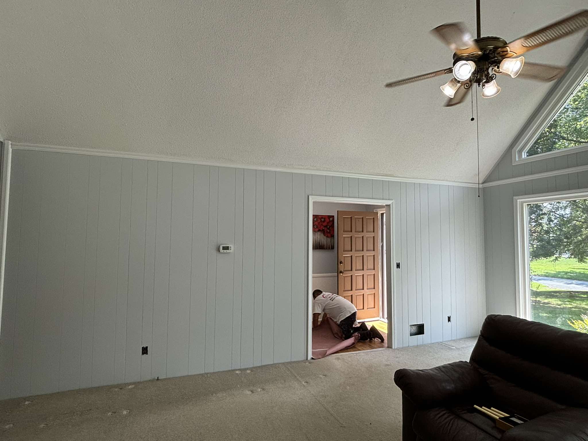 Finished side wall of the vaulted room with pale gray paneling, white trim, and a doorway